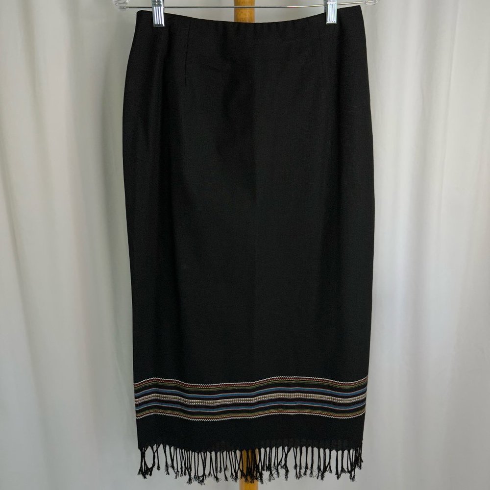 Vintage Michele Fringed Maxi Skirt Multi Color Stripe Black Size 8
